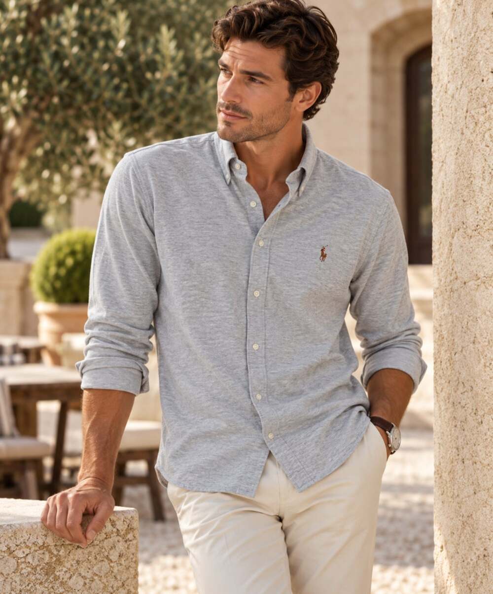 RALPH LAUREN Knit Oxford Shirt Heather Gray Button Down Cotton Sz L $138 {K10}